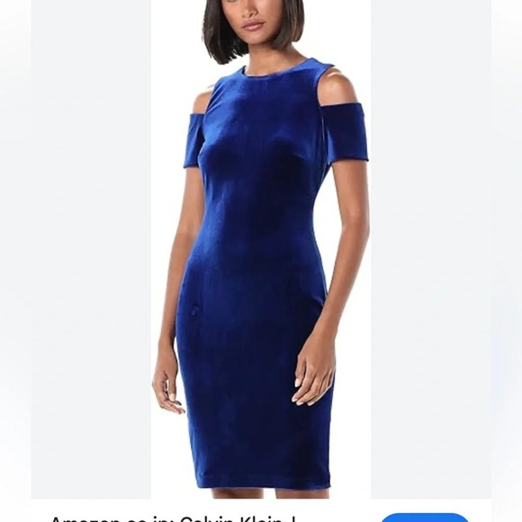 Calvin Klein Beautiful Blue Velvet Cold Shoulder Sheath Dress - Size 6 - Picture 2 of 8